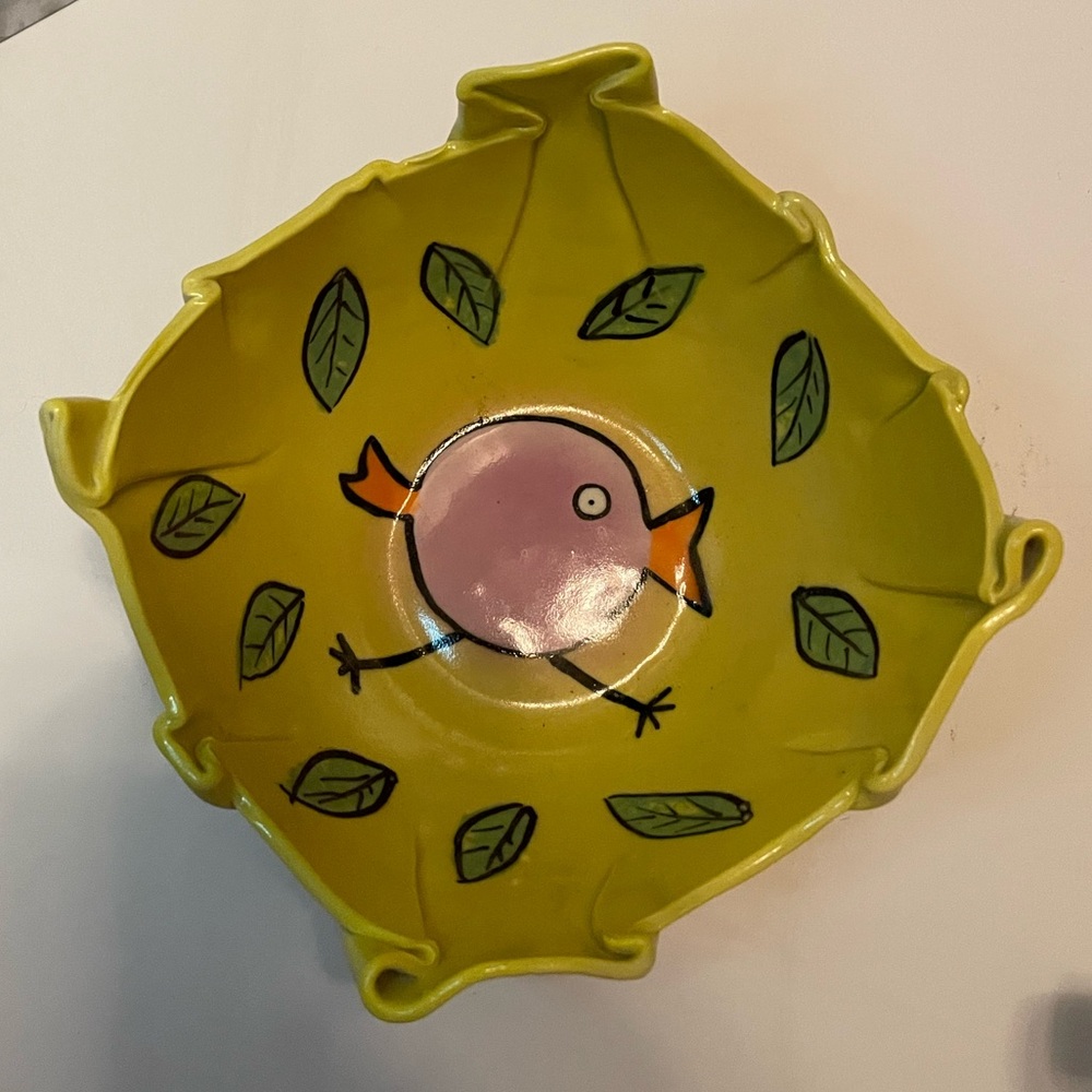 Yellow Bowl With Lavender Bird Wit.  6”D X 2 1/2” H Dorothy Steele, Portland OR - Picture 1 of 2